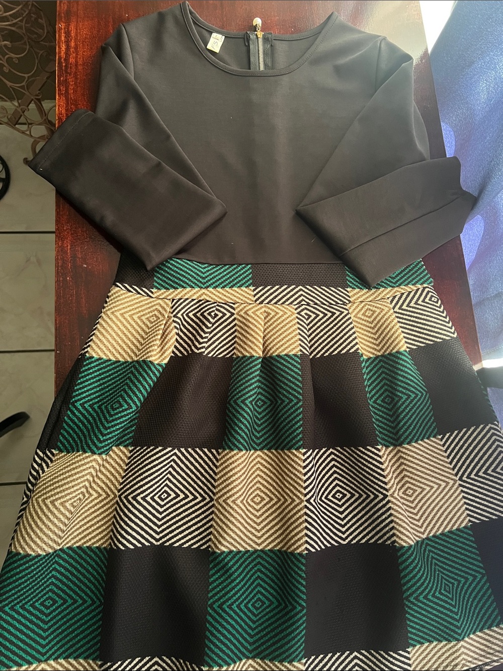 Black and Green Patterned Fit-and-Flare Dress